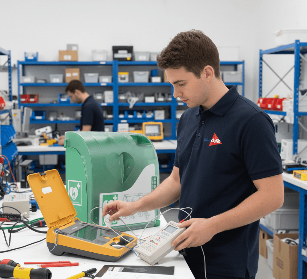 Contrôle et vérification d'un défibrillateur par un technicien