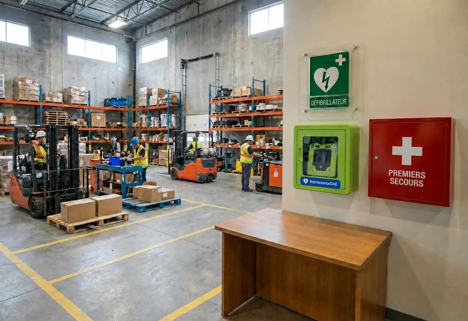 Défibrillateur en armoire murale et sa signalisation dans un entrepôt logistique