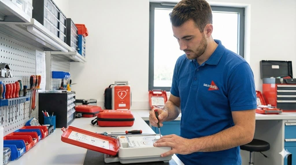 Technicien inspectant un défibrillateur sur site