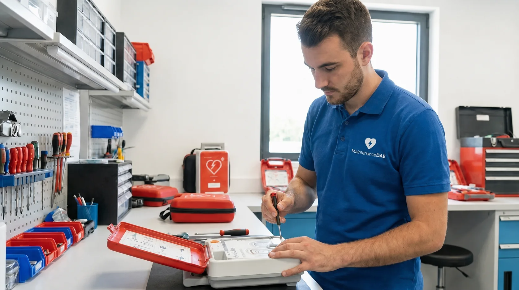 Technicien ouvrant un défibrillateur sur son établi pour le contrôler